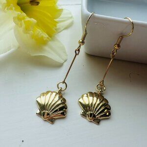 handmade dangle earrings with scallop shell charm gold plated brass nickel free